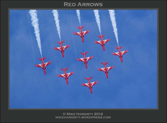 The Red Arrows, officially known as the Royal Air Force Aerobatic Team, is the aerobatics display team of the Royal Air Force, seen here in their trademark Diamond 9 formation